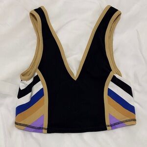 Free People Black and Multicolor V-Neck Top